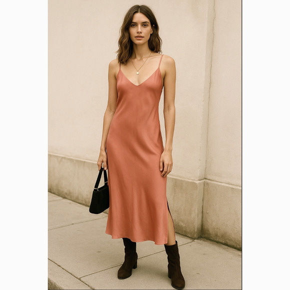 NEW! Anine Bing XS Silky Bay Slip Dress Midi Sexy 90's Style Rose Pink VNeck 0 2 - Picture 3 of 16